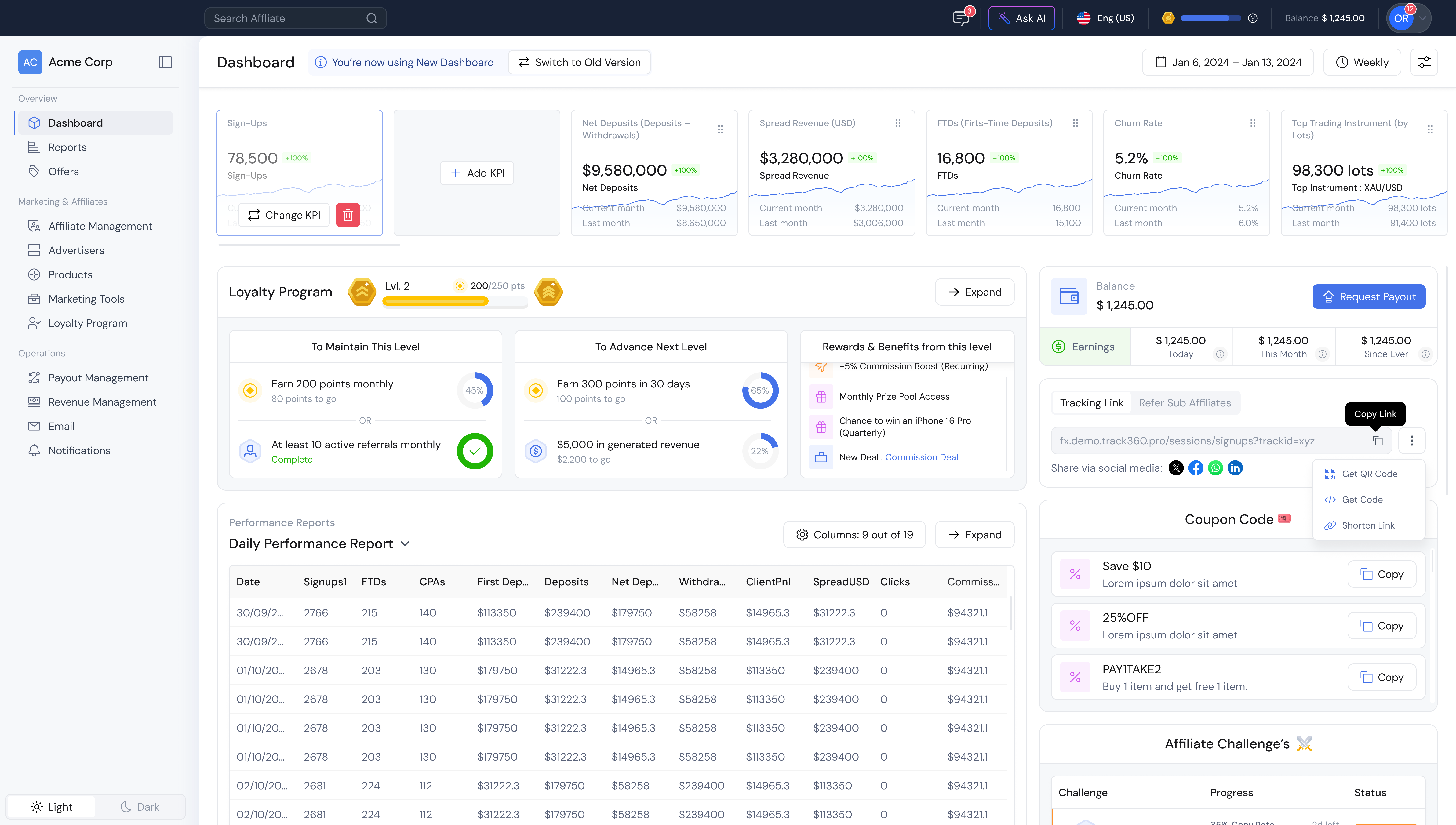 Track360 Affiliate Portal dashboard showing performance metrics, loyalty program, and daily reports